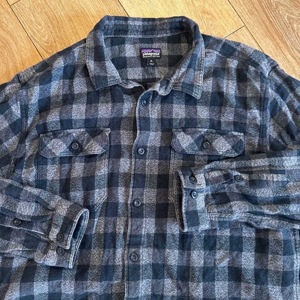 Patagonia Mens XL Organic Cotton Flannel Shirt Blue Grey Buffalo Plaid Check